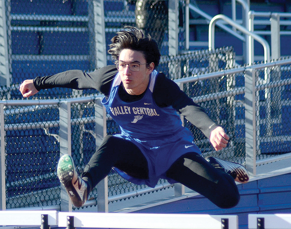 Valley Central’s Devin Loprieno runs the boys’ 110-meter hurdles at a March 29 non-league track and field meet at Valley Central High School in Montgomery.